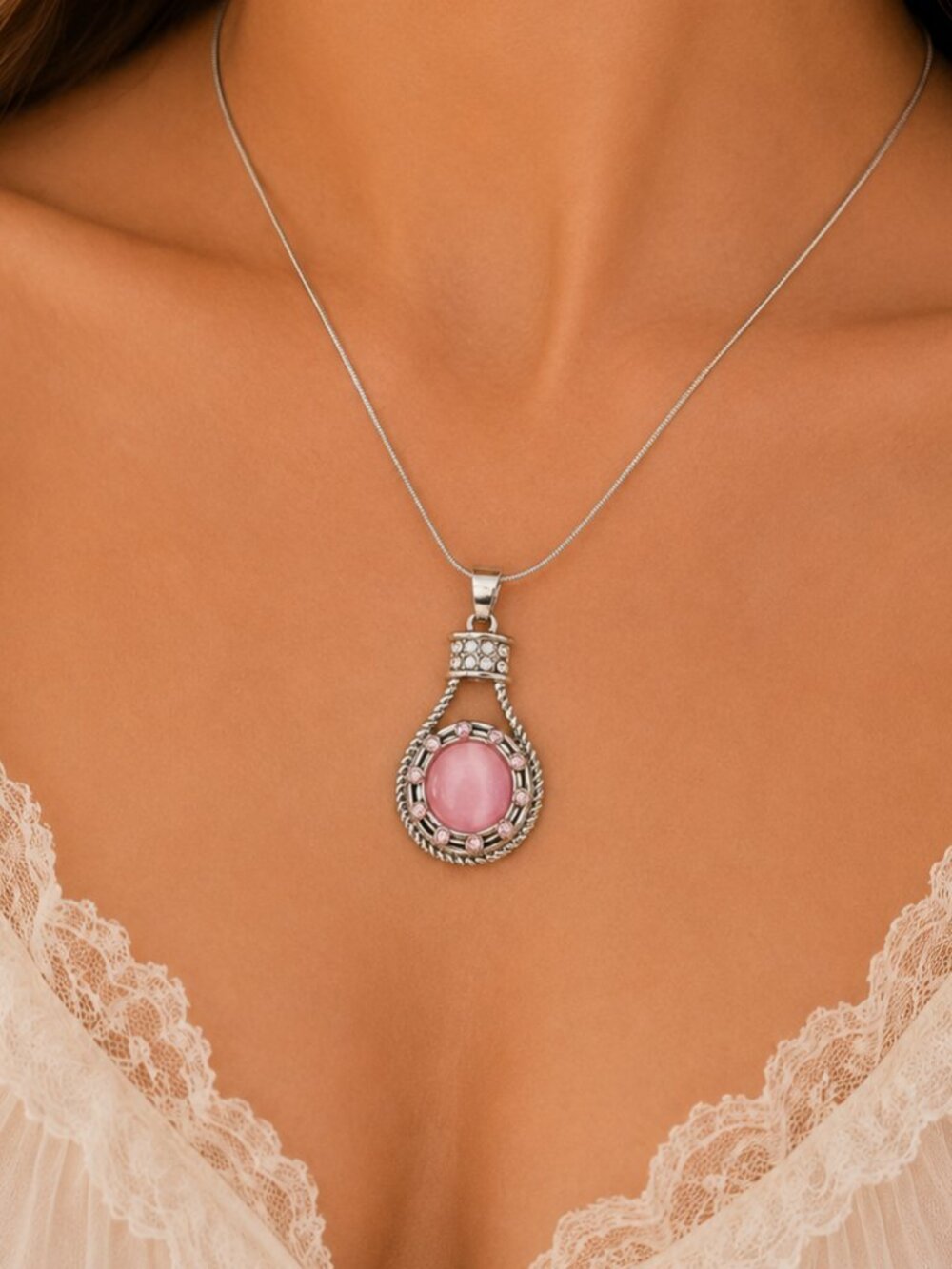 Sterling Silver Roped Snap Necklace Pink Cabochon Rhinestone Interchangeable